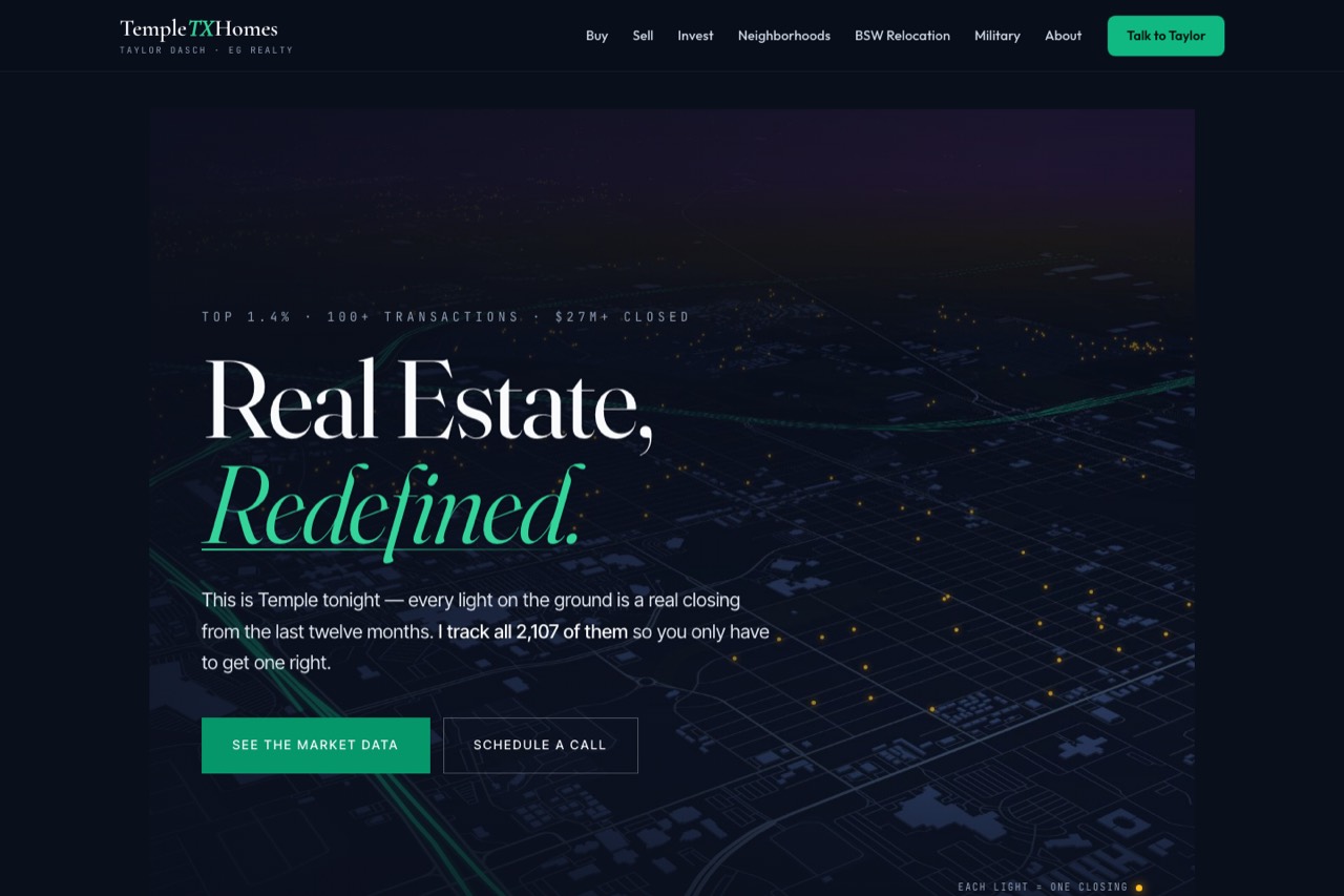 Screenshot of templetxhomes.net, the founder's own real-estate website